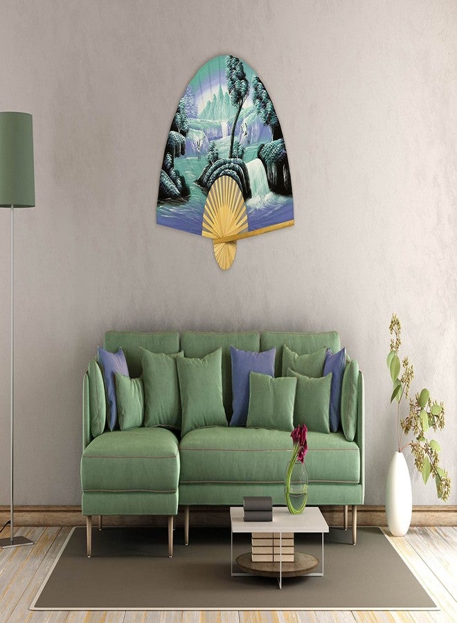 Oriental-Decor مروحة جدارية عملاقة قابلة للطي على شكل رافعات صينية، لوحة فنية جدارية مزخرفة مرسومة يدويًا، لوحة أصلية مصنوعة يدويًا من الأكريليك على إطار من الخيزران الطبيعي لتزيين غرفة المعيشة أو غرفة النوم، ريفية، بوهيمية (عرض 40 بوصة، لون أزرق مائي خيالي) - Image 3